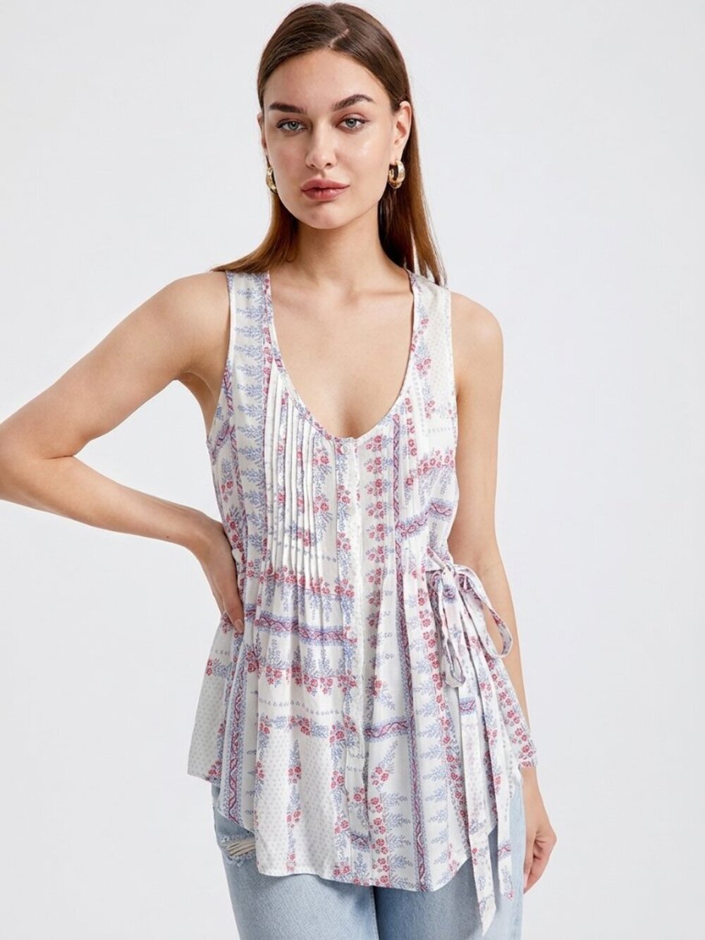 American Rag Sheer Floral Sleeveless Pleated Detail Boho Bottom Down Shirt Top